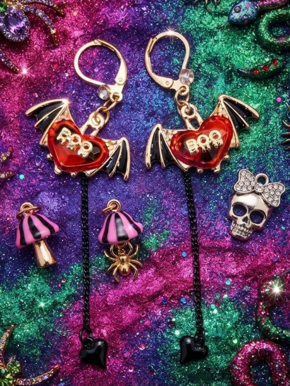 Vintage Betsey Johnson Pink & Gold Vampire Slayer Bat & Heart Earrings Boo